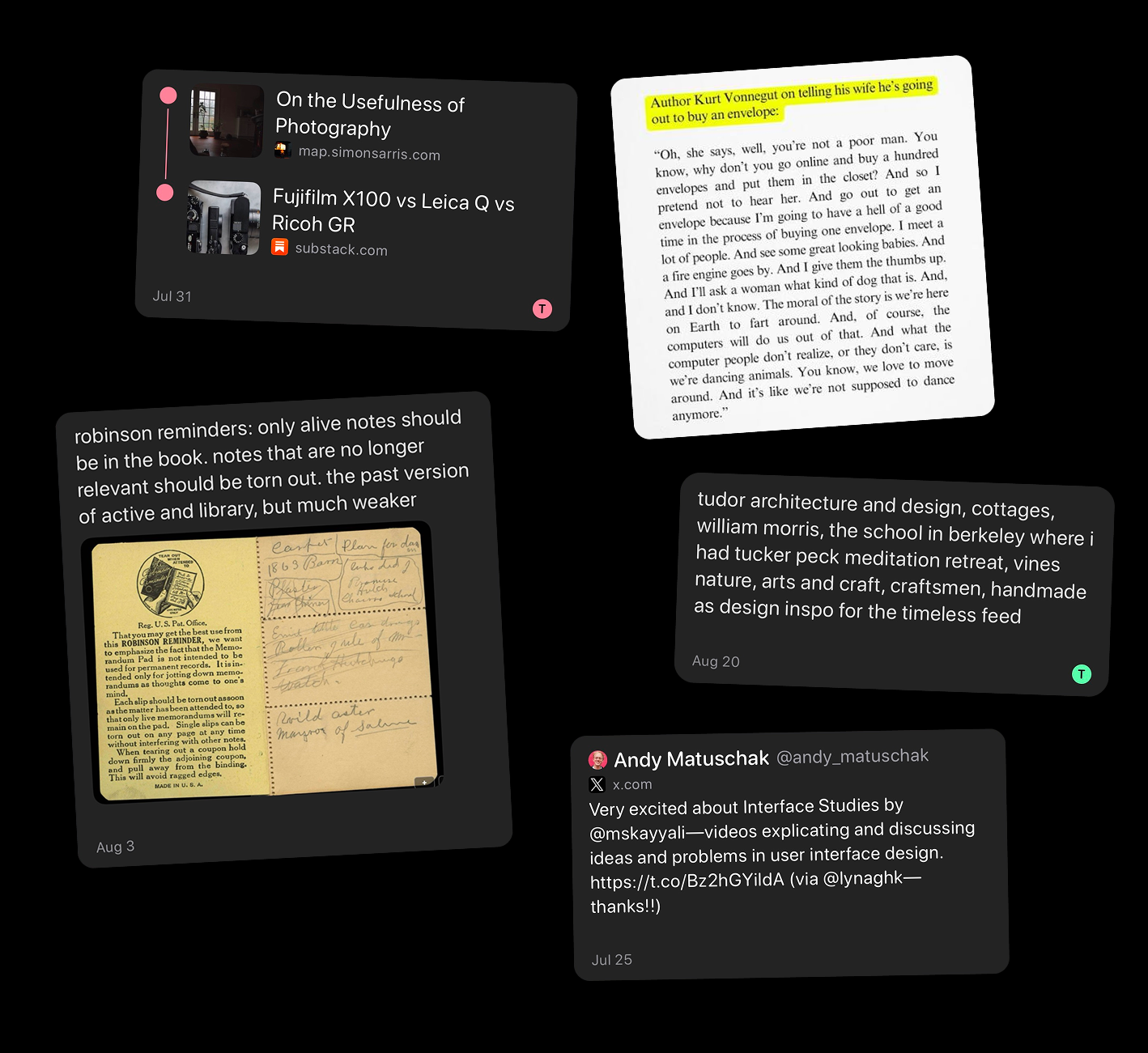A collection of saved links, quotes, images, and notes in Prism
