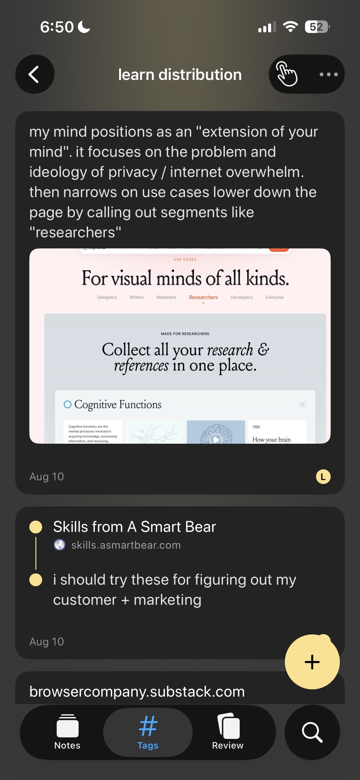 The learn distribution tag and its notes in Prism on iPhone