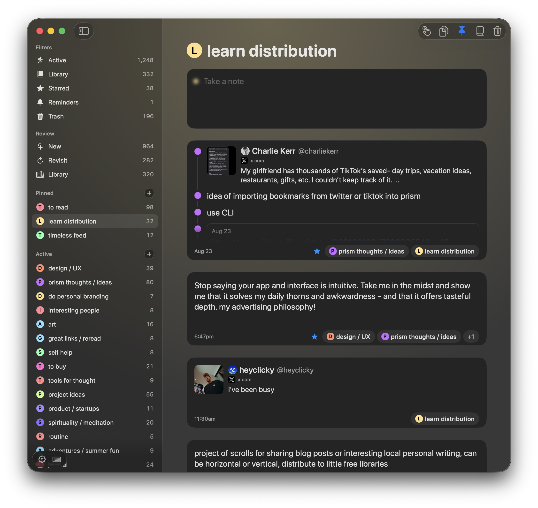 The pinned learn distribution tag and its collected notes in Prism