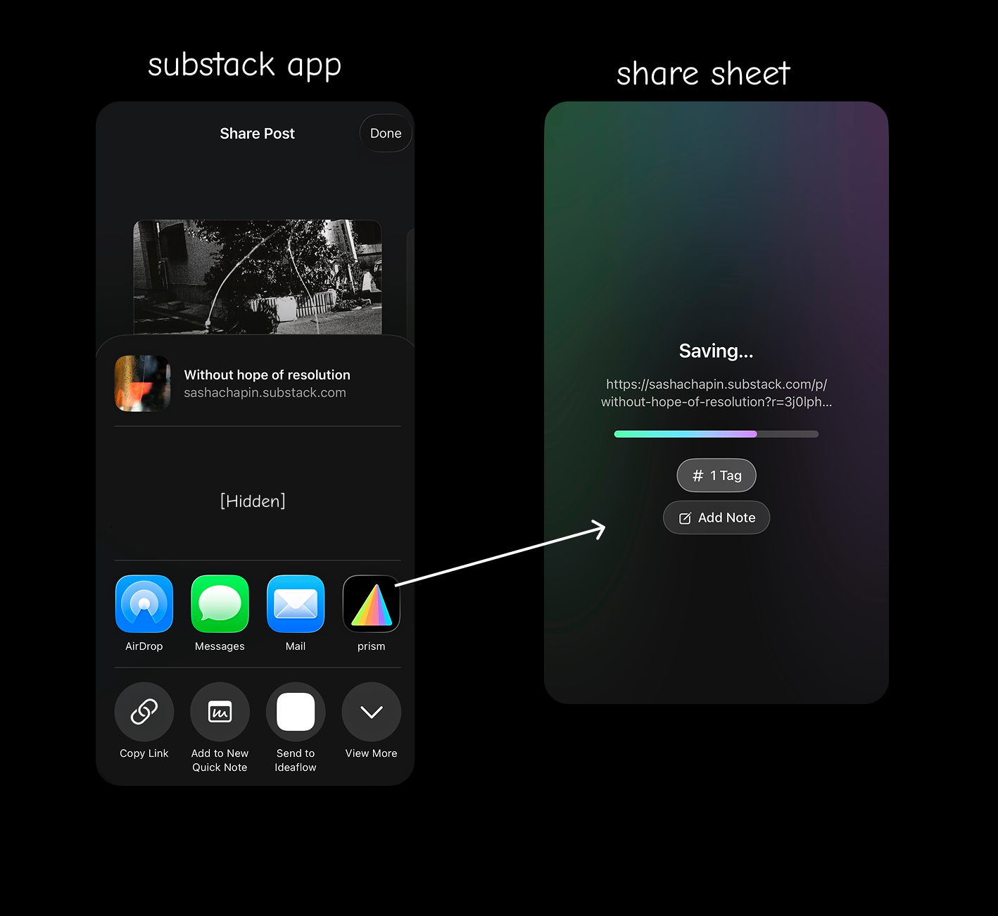 Saving a Substack post to Prism from the share sheet